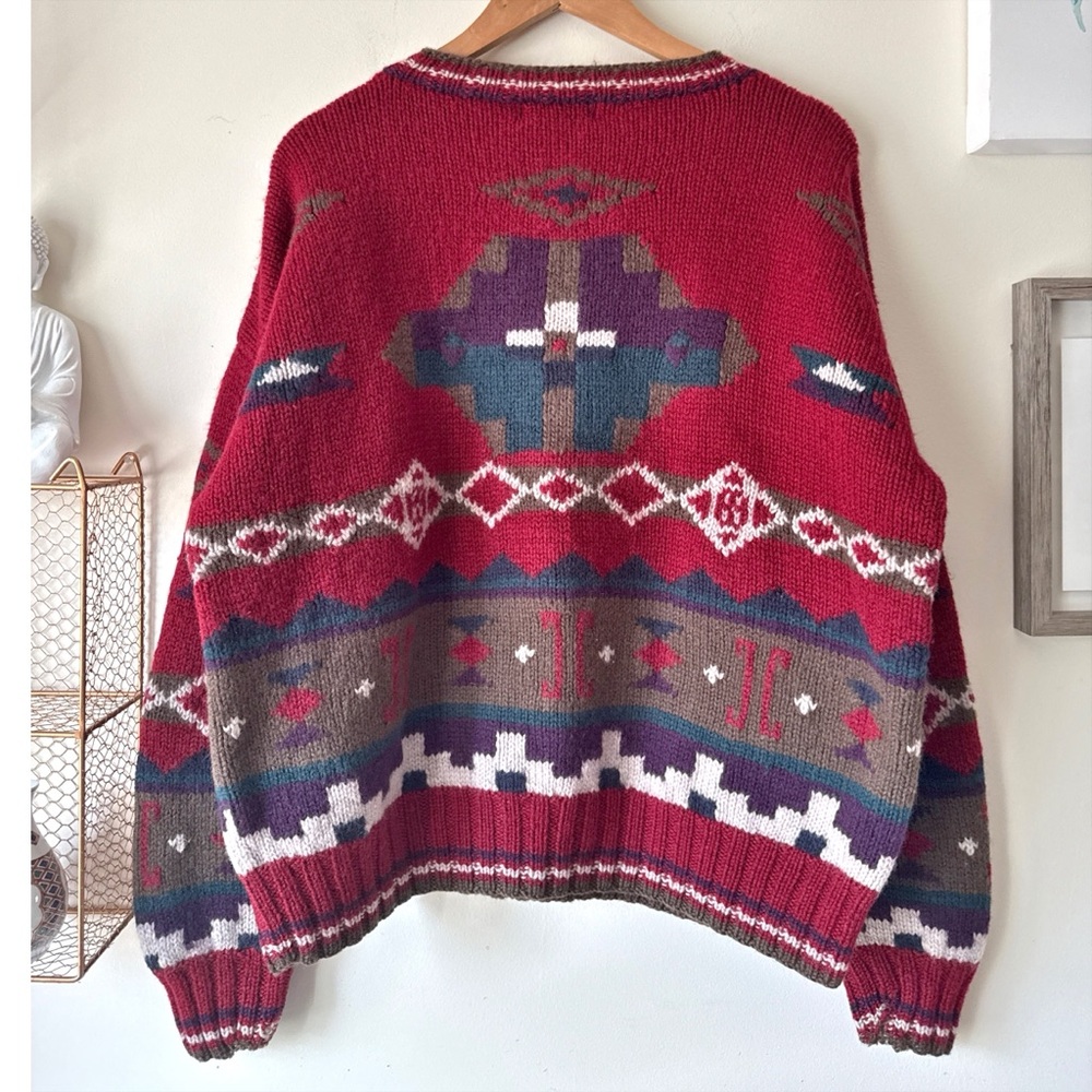 90s LL BEAN Geometric Pure New Wool Sweater Made in Hong Kong Large Grandpa Core - Picture 2 of 12